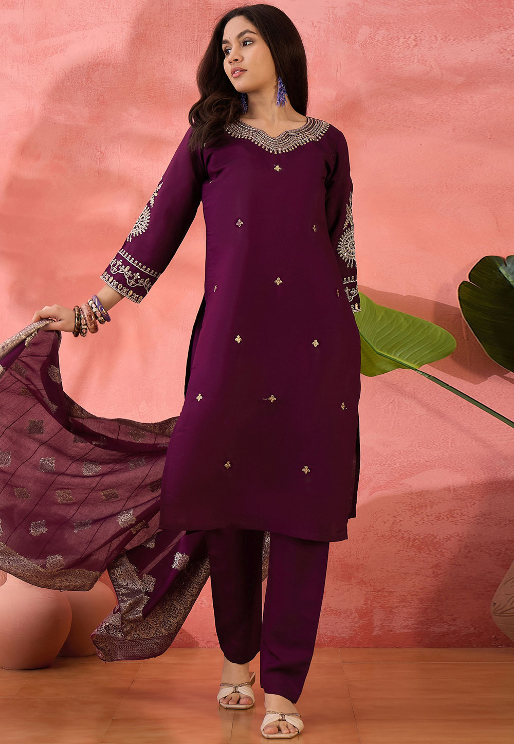 Wine Silk Readymade Pakistani Suit 308386