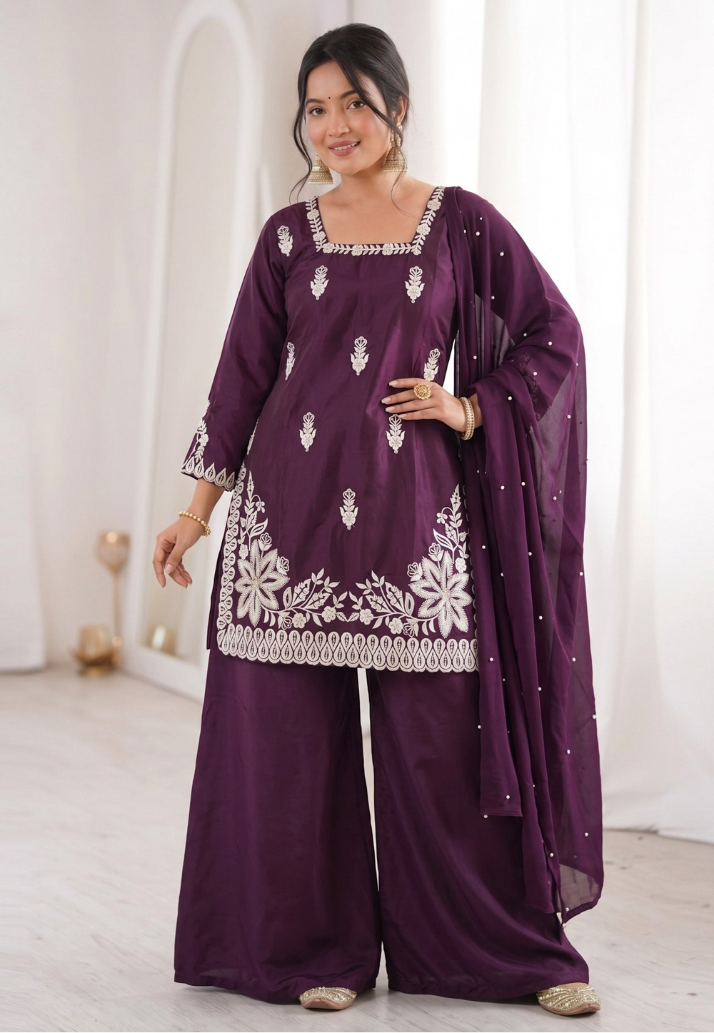 Wine Silk Readymade Palazzo Suit 329090