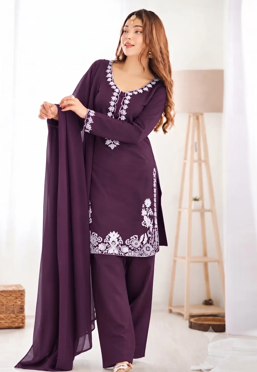 Wine Silk Readymade Palazzo Suit 335874