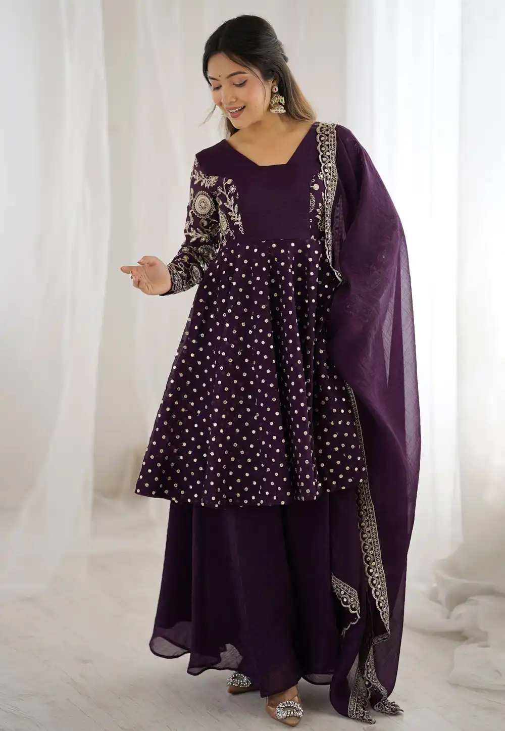 Wine Silk Readymade Palazzo Suit 316704