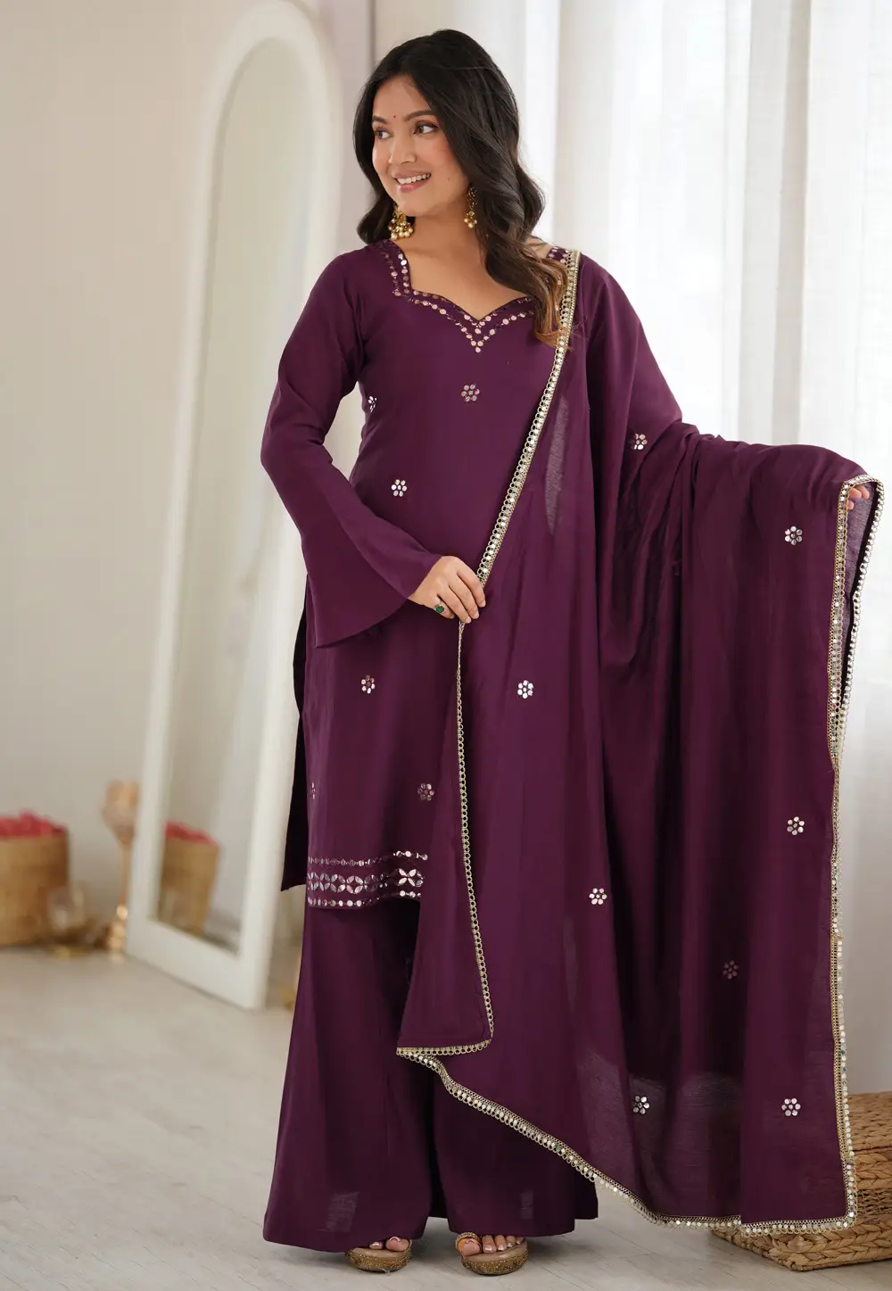 Wine Silk Readymade Palazzo Suit 335509
