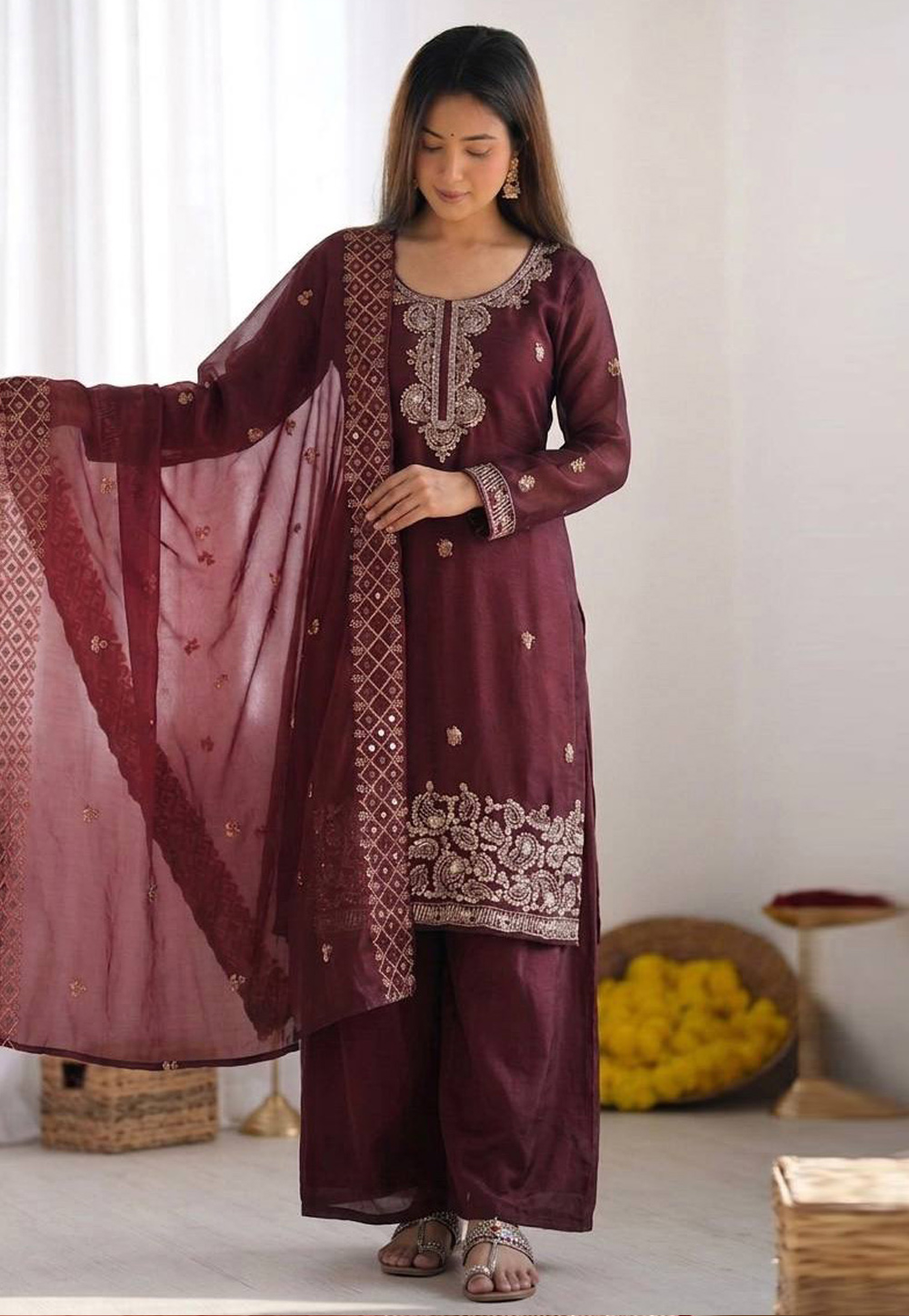 Wine Silk Readymade Palazzo Suit 329695