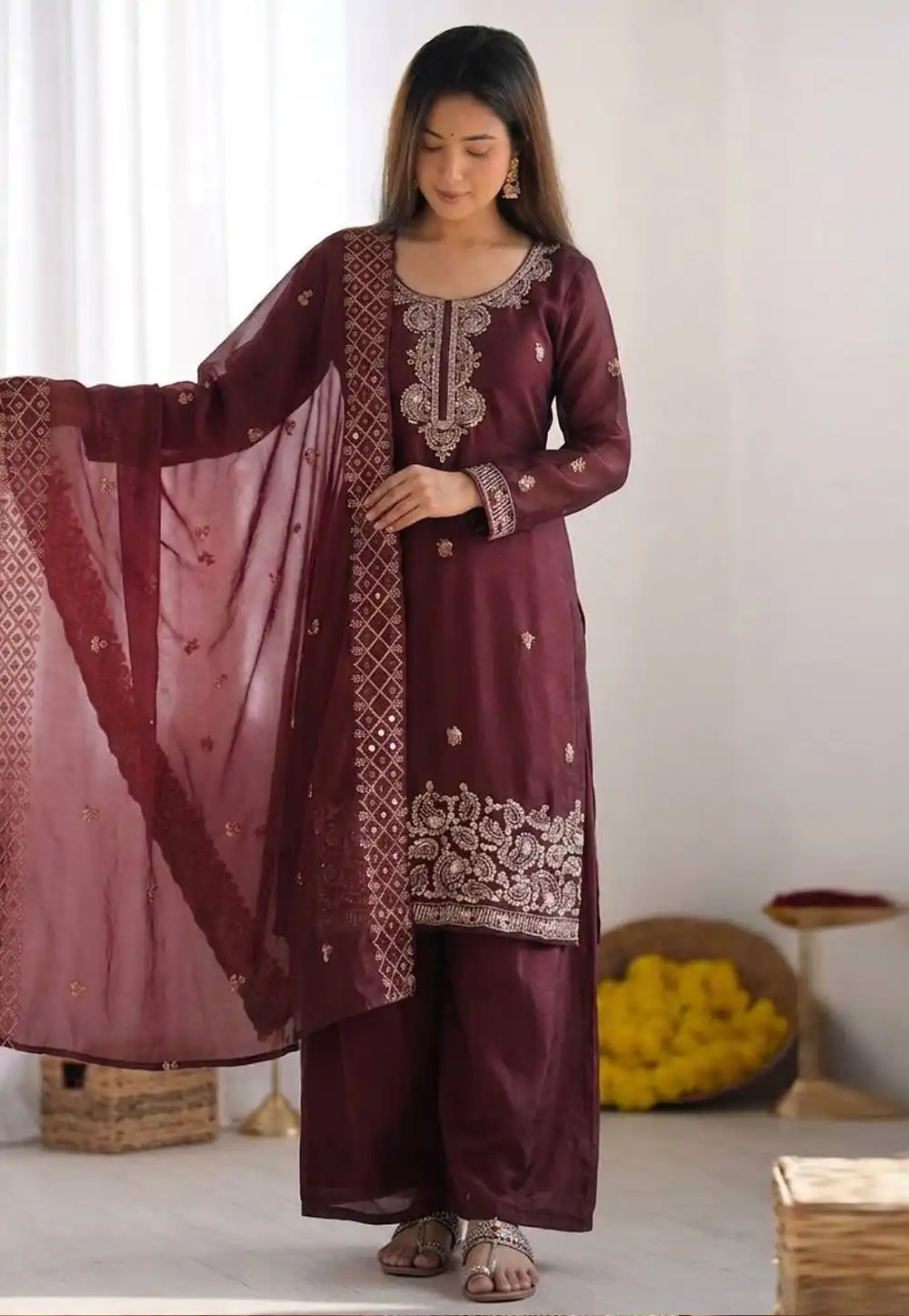 Wine Silk Readymade Palazzo Suit 329695