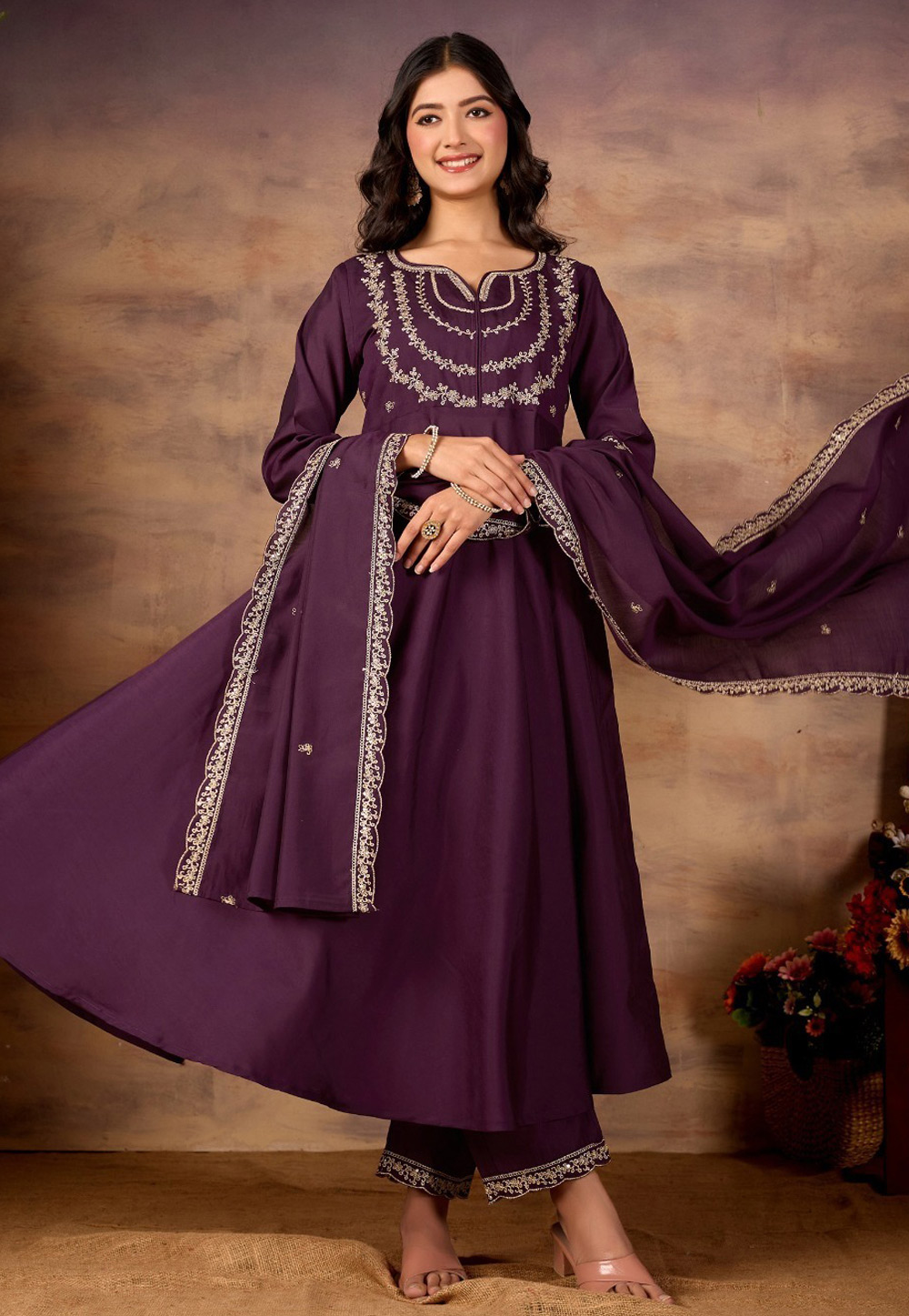 Wine Silk Readymade Pant Style Suit 323263