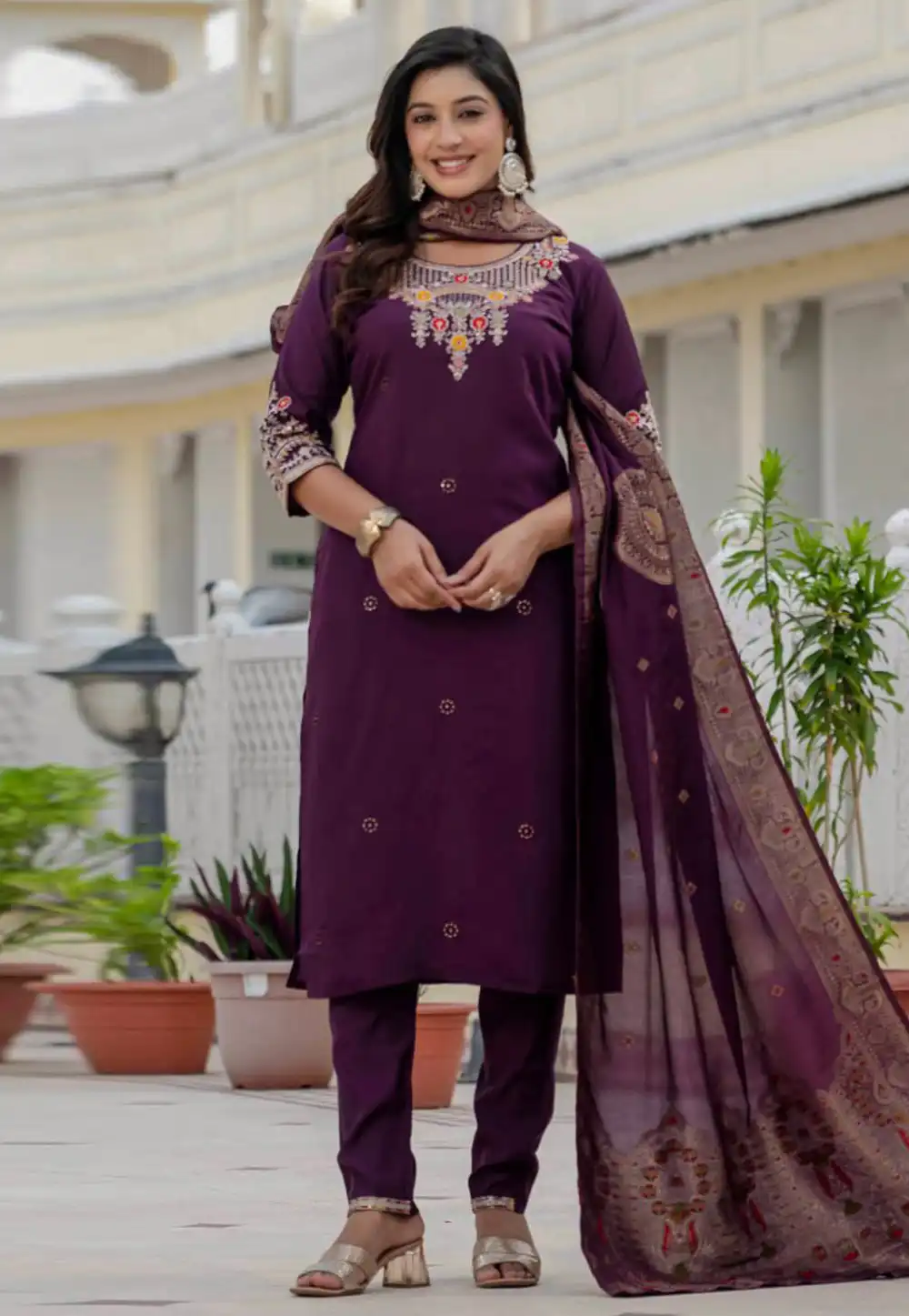 Wine Silk Readymade Pant Style Suit 317452