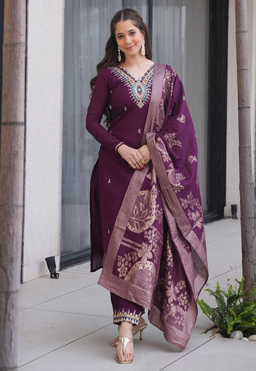 Wine Silk Readymade Pant Style Suit 311847