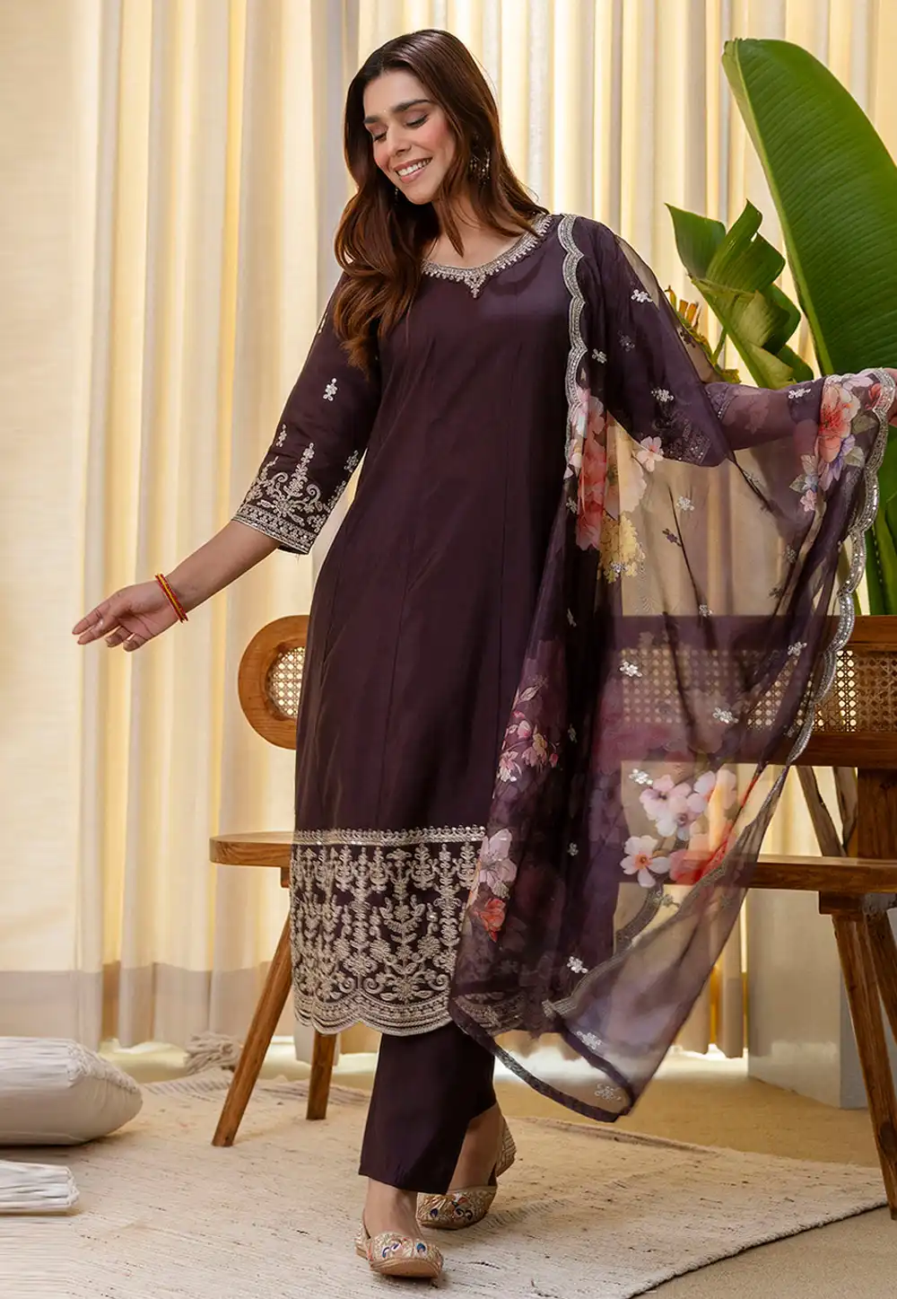 Wine Silk Readymade Pant Style Suit 324789