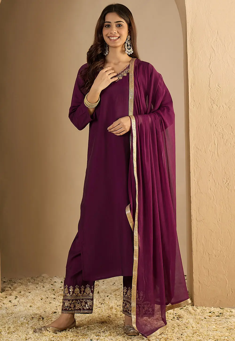 Wine Silk Readymade Pant Style Suit 333424