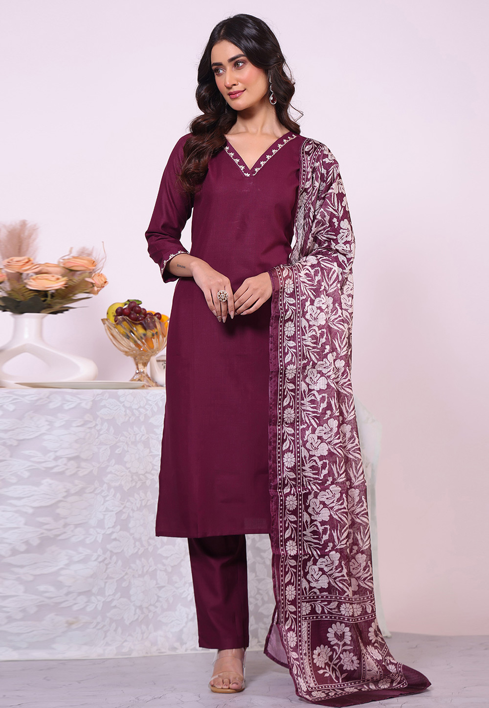 Wine Silk Readymade Pant Style Suit 325507