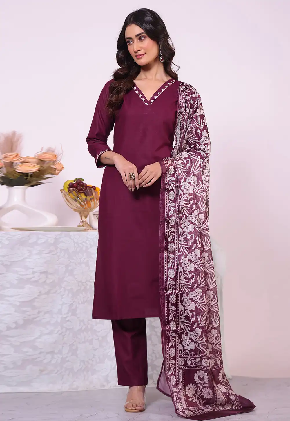 Wine Silk Readymade Pant Style Suit 325507