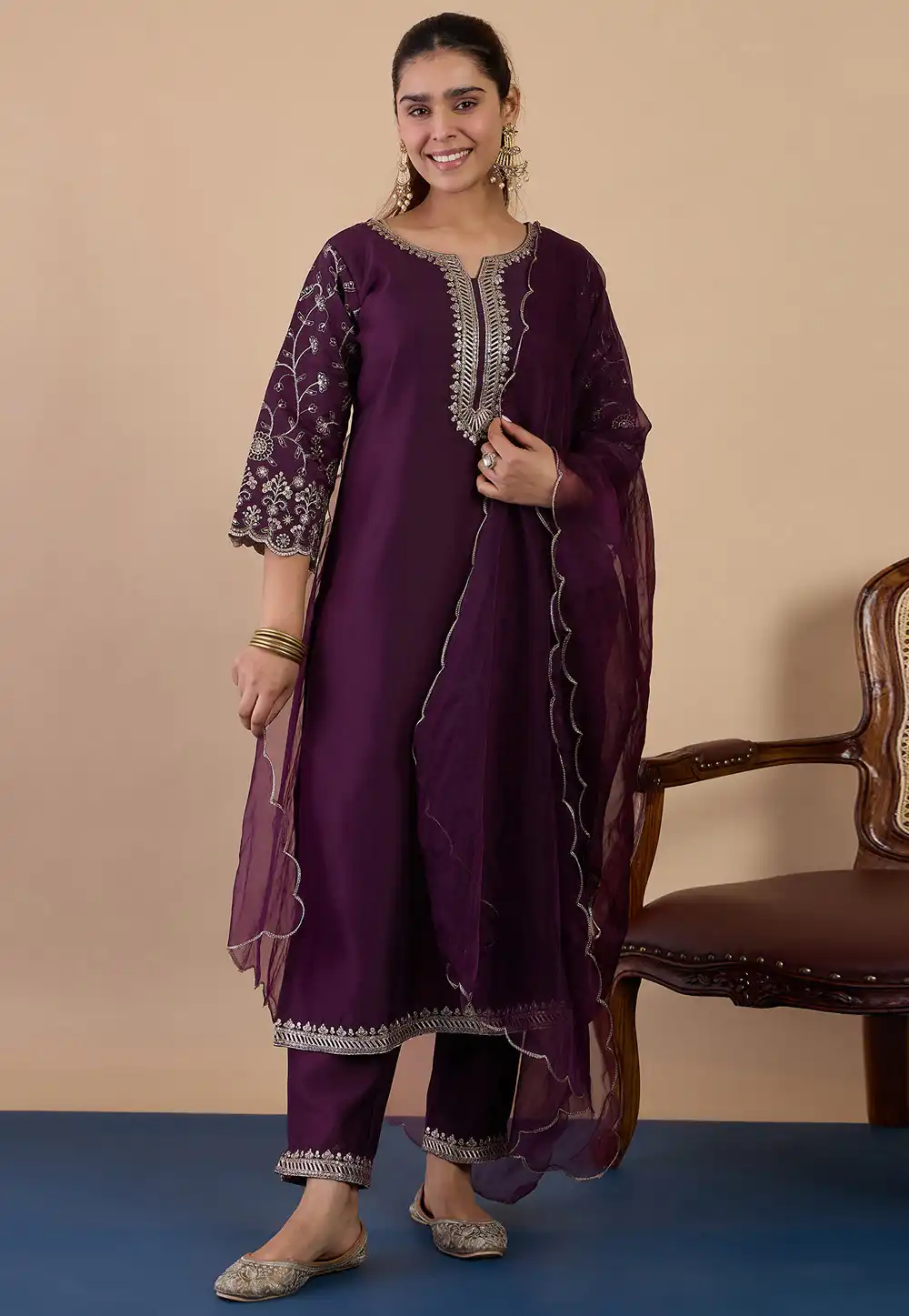 Wine Silk Readymade Pant Style Suit 328779