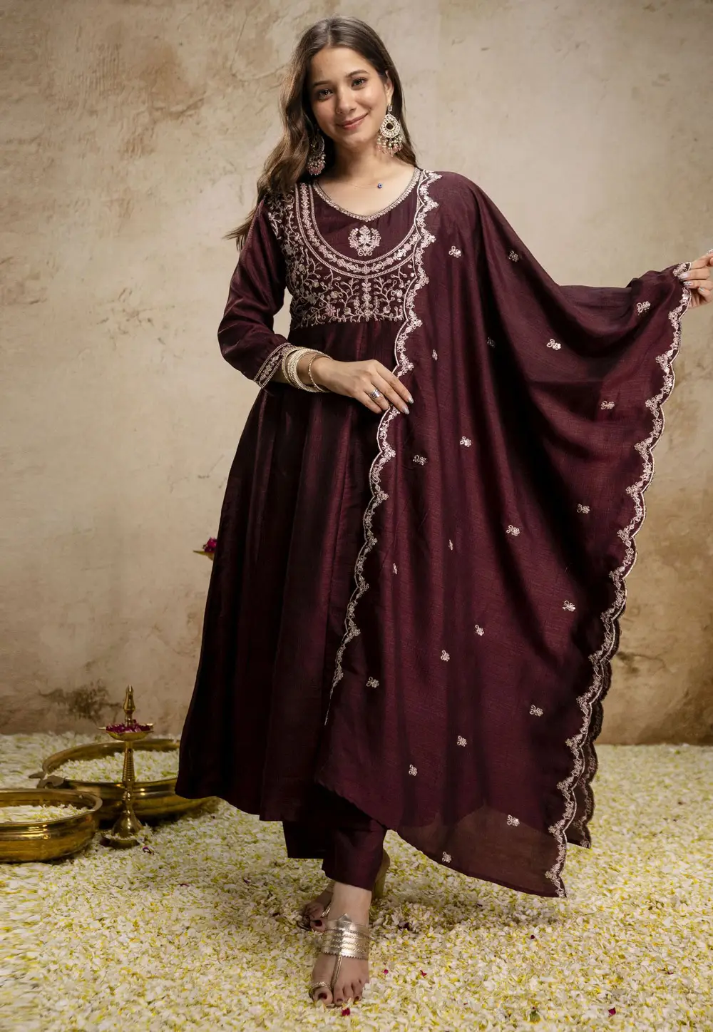 Wine Silk Readymade Pant Style Suit 331056
