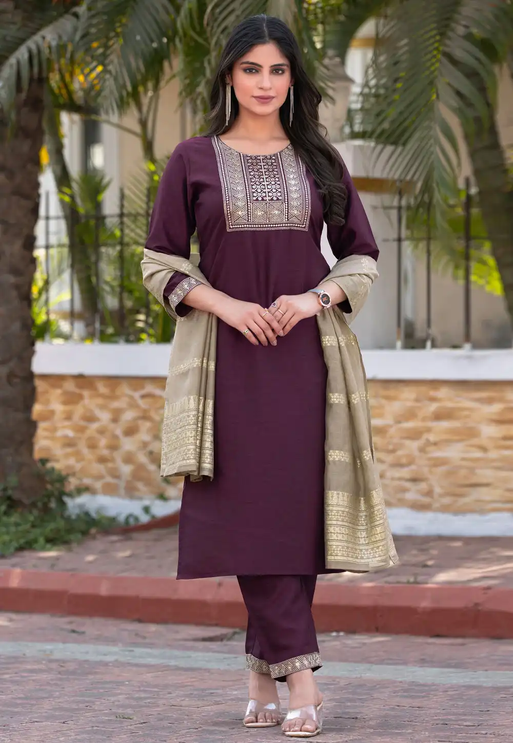 Wine Silk Readymade Pant Style Suit 321851