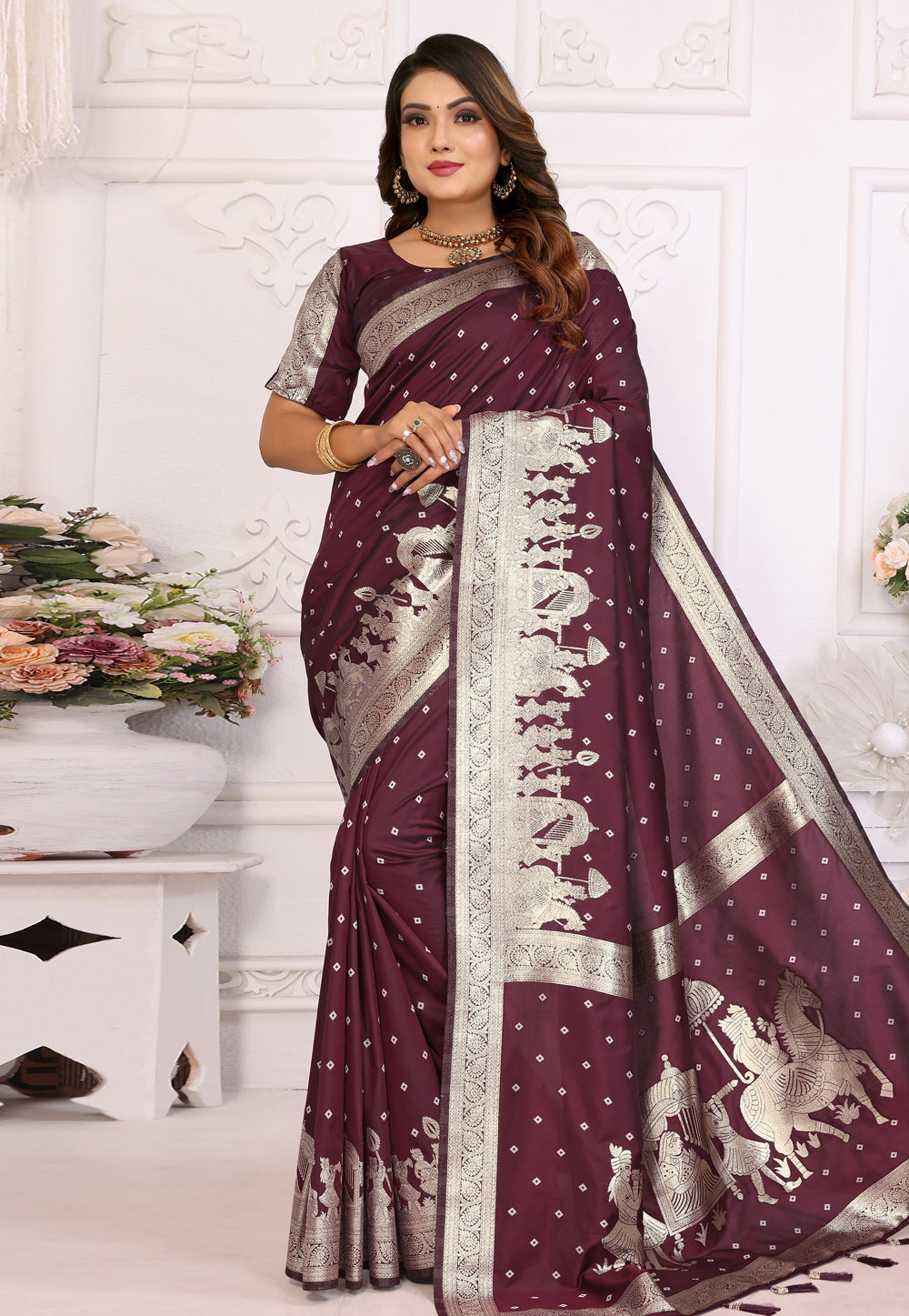 Wine Silk Saree With Blouse 307239