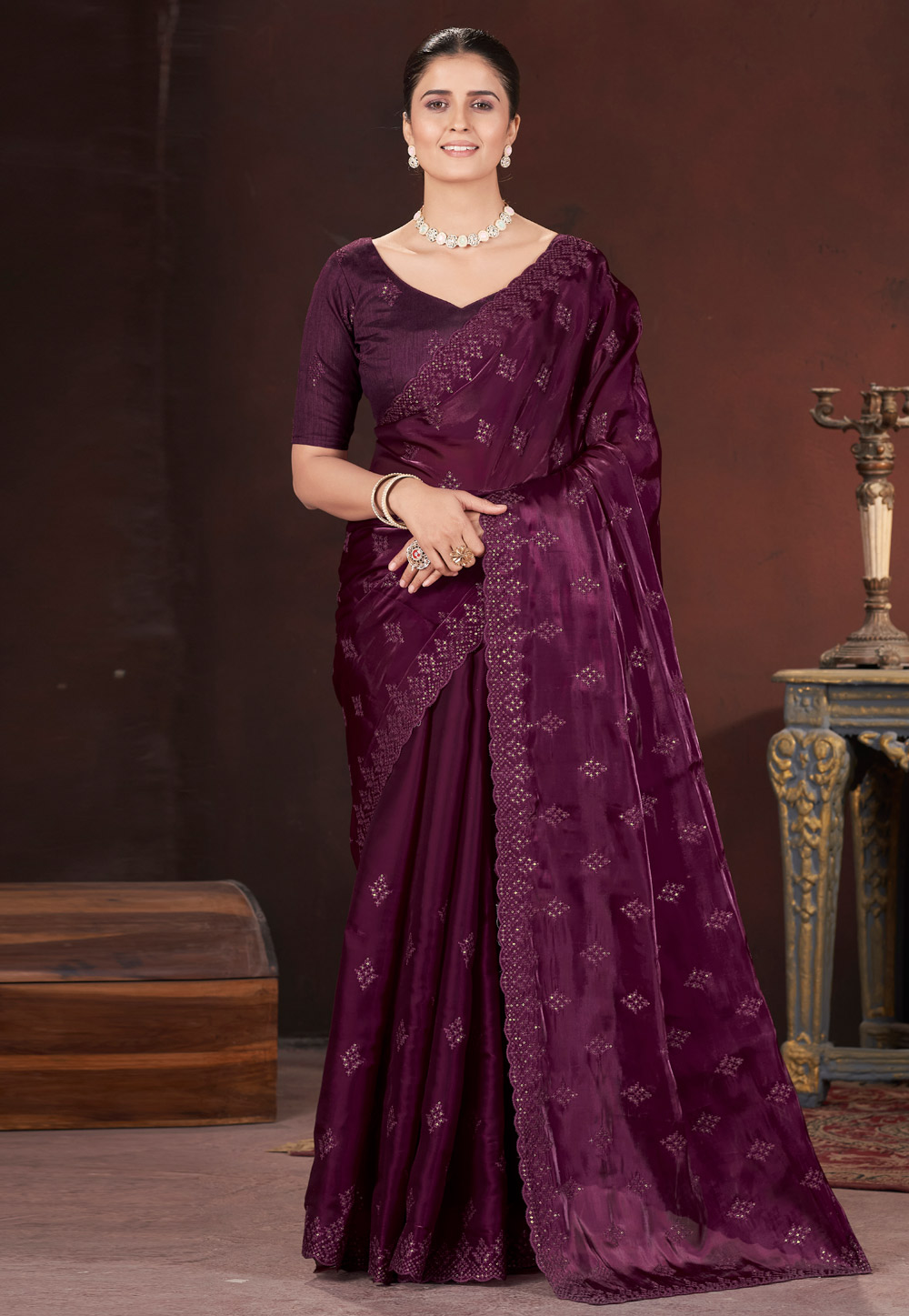 Wine Silk Saree With Blouse 308872