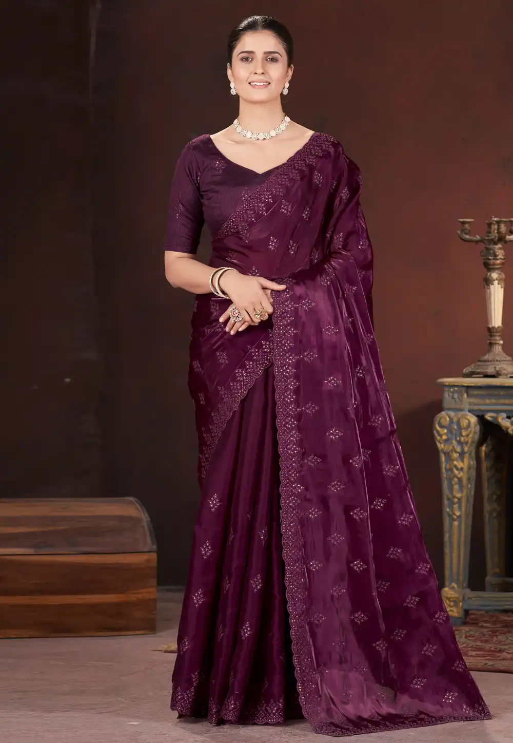 Wine Silk Saree With Blouse 308872