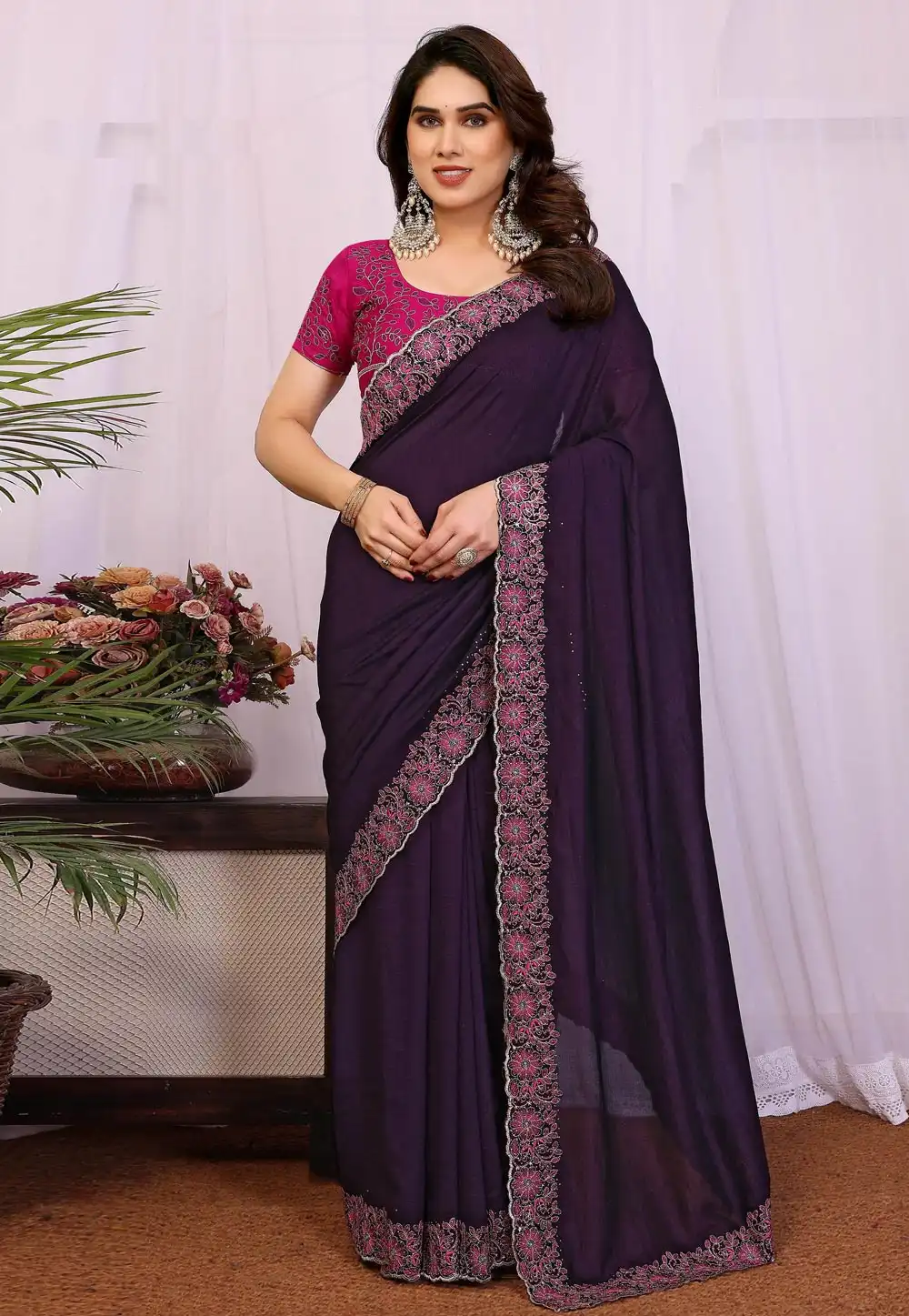 Wine Silk Saree With Blouse 319859