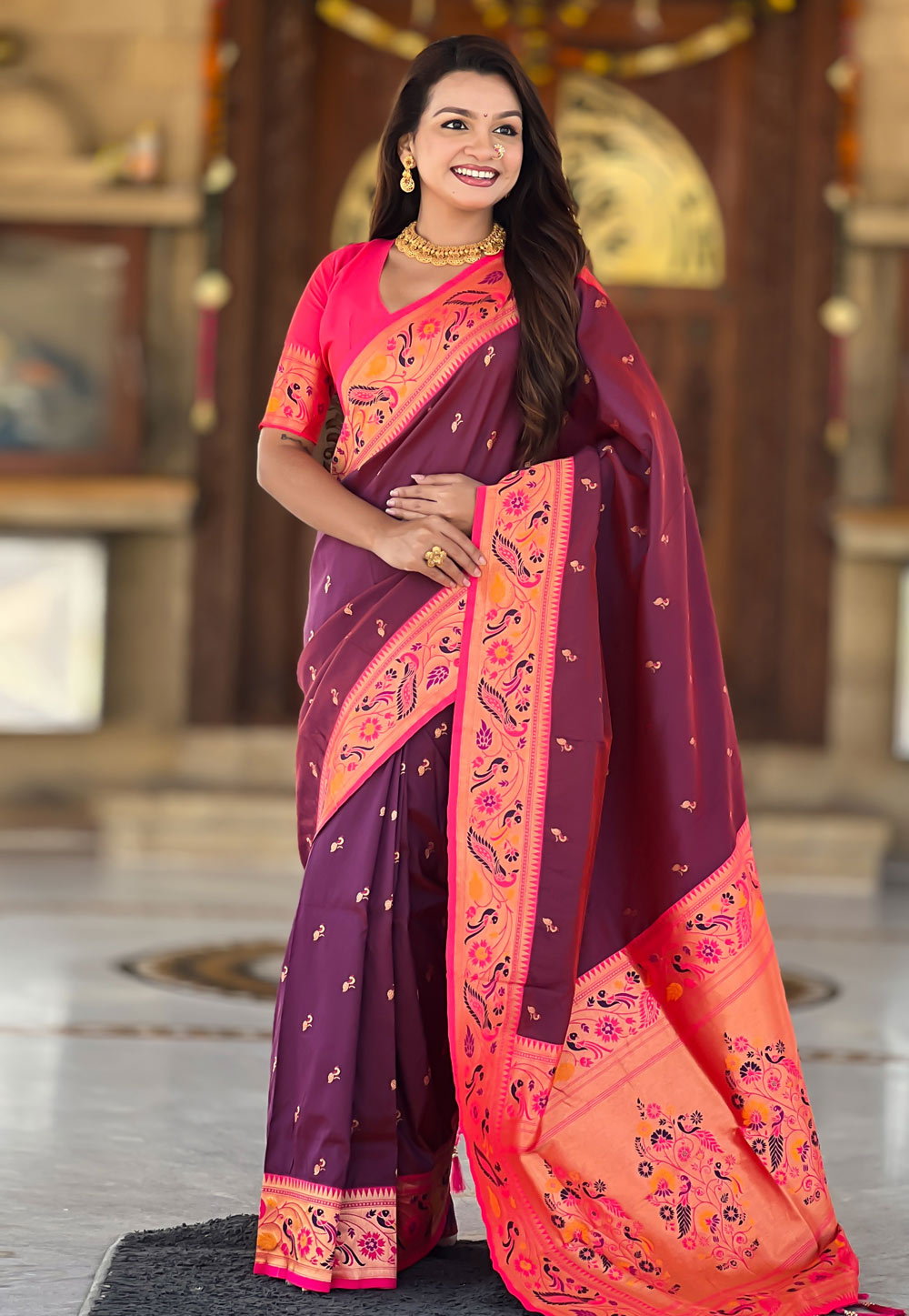 Wine Silk Saree With Blouse 323610
