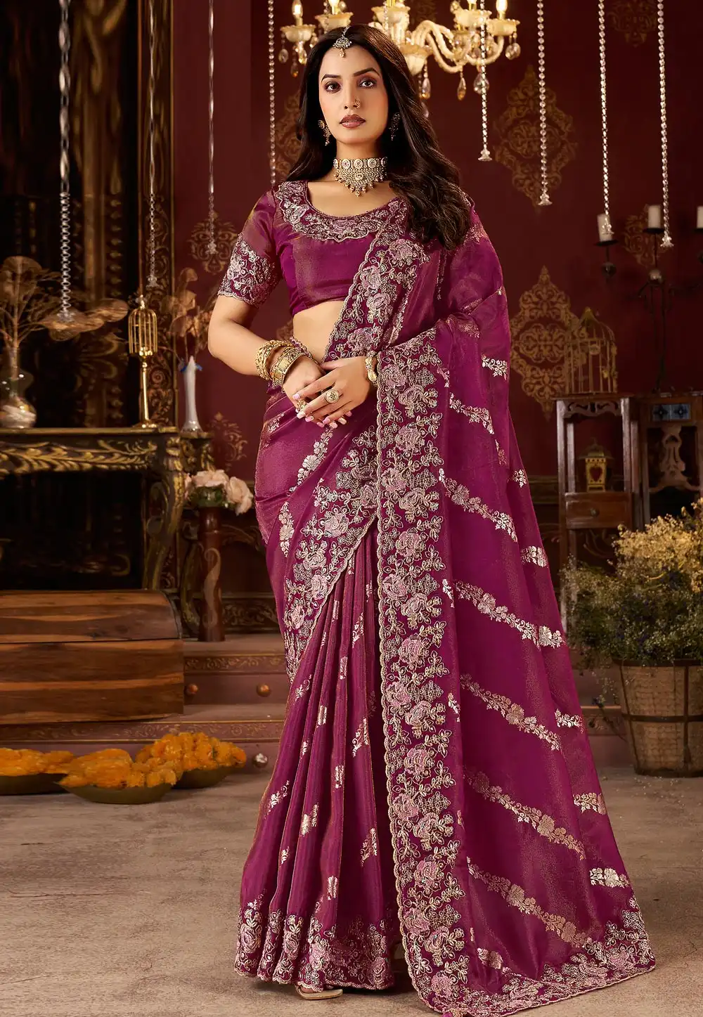 Wine Silk Saree With Blouse 321681