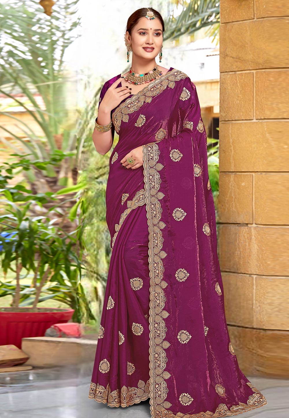 Wine Silk Saree With Blouse 307404