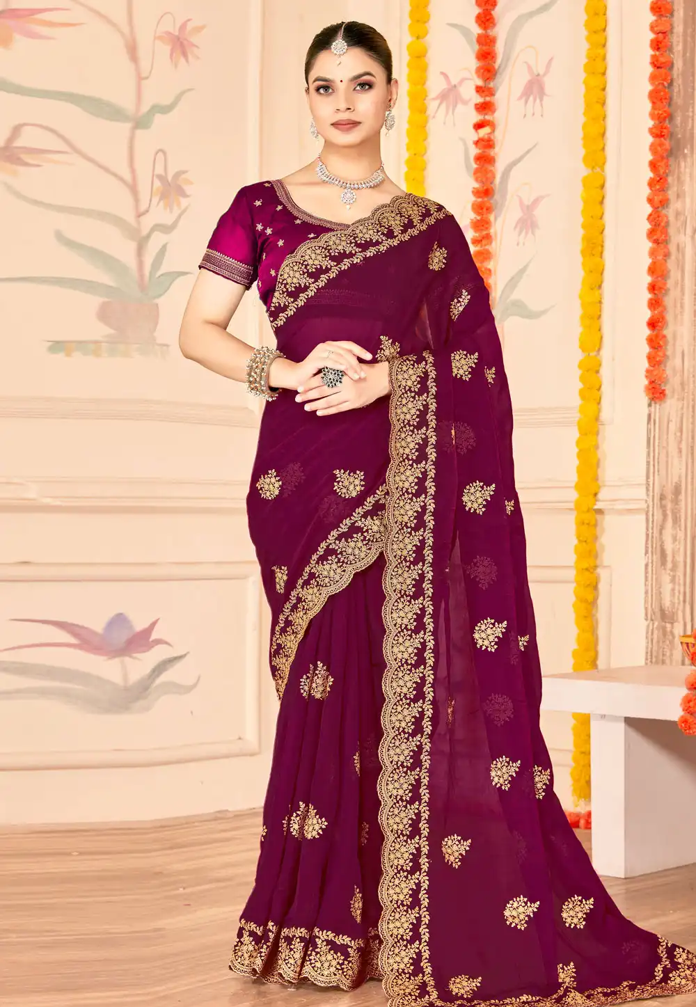 Wine Silk Saree With Blouse 317476
