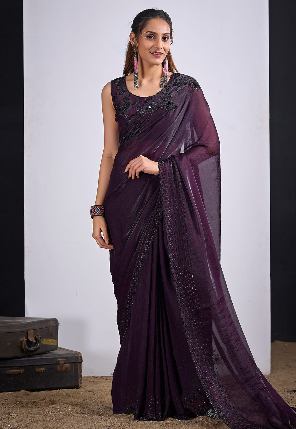 Wine Silk Saree With Blouse 327621