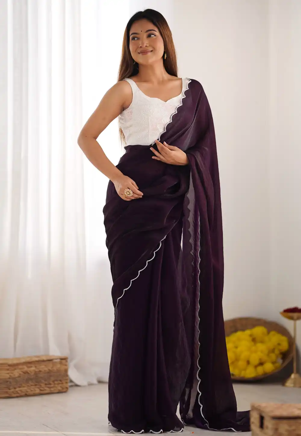 Wine Silk Saree With Blouse 322112