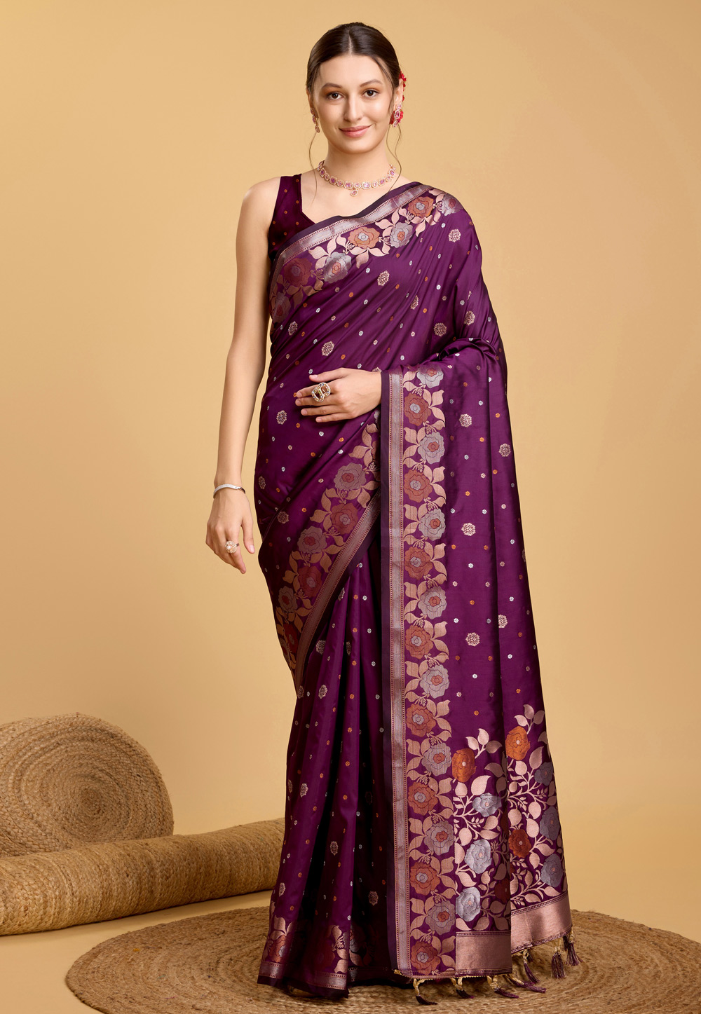 Wine Silk Saree With Blouse 284069