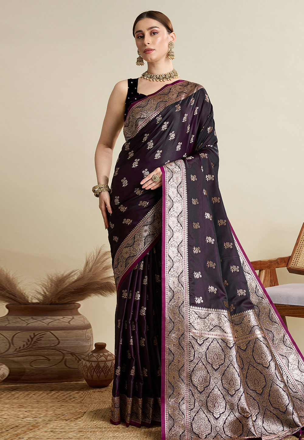 Wine Silk Saree With Blouse 312183