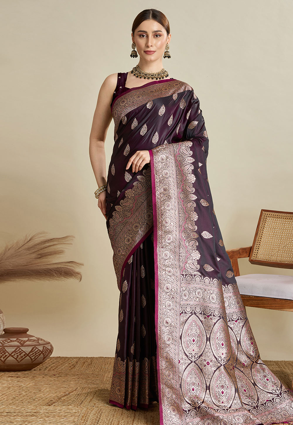 Wine Silk Saree With Blouse 312186