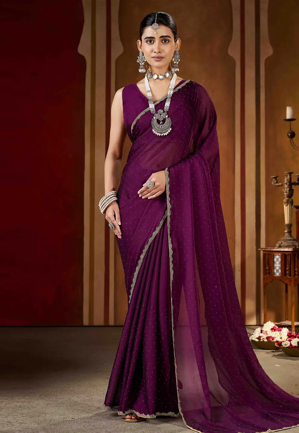 Wine Silk Saree With Blouse 332590