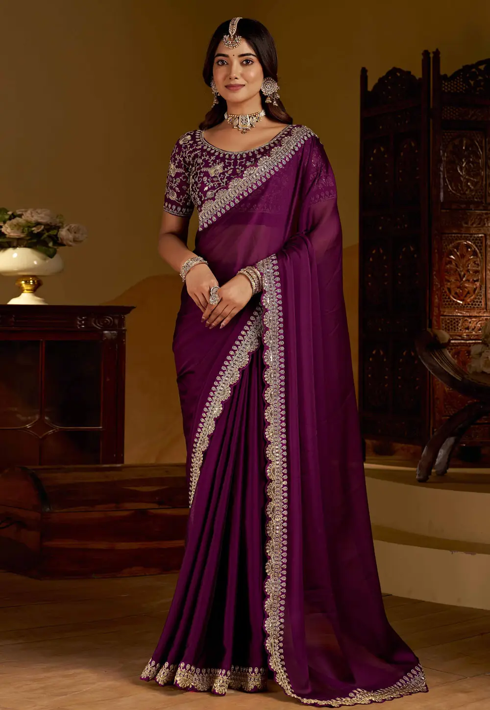 Wine Silk Saree With Blouse 332599