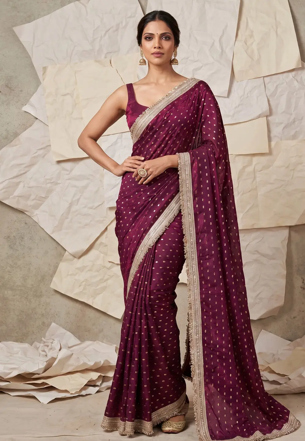 Wine Silk Satin Saree With Blouse 335432