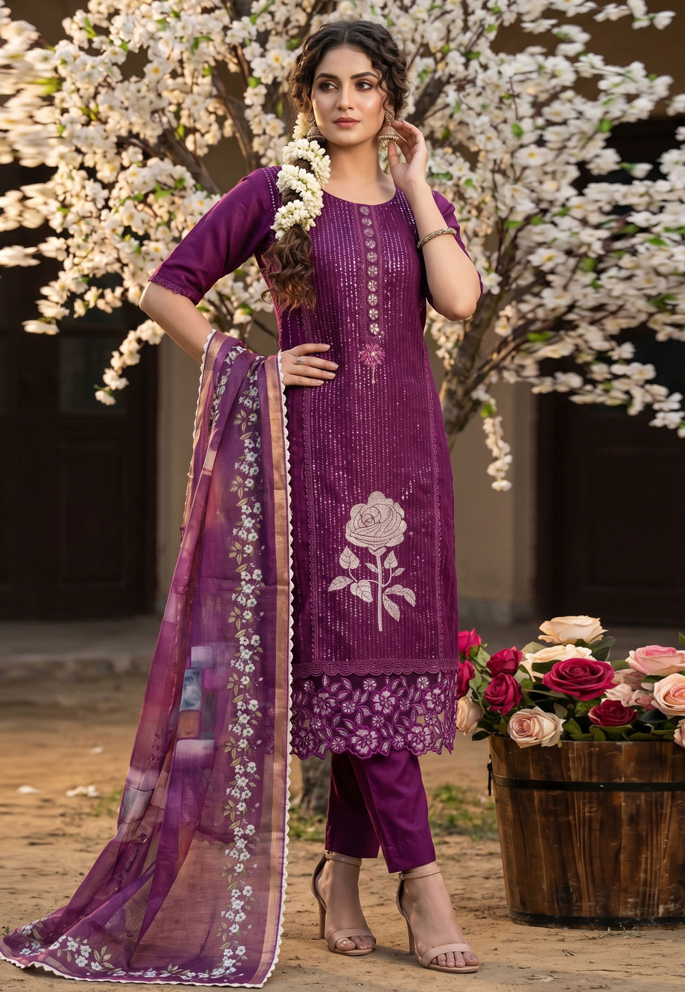 Wine Silk Straight Suit 327453