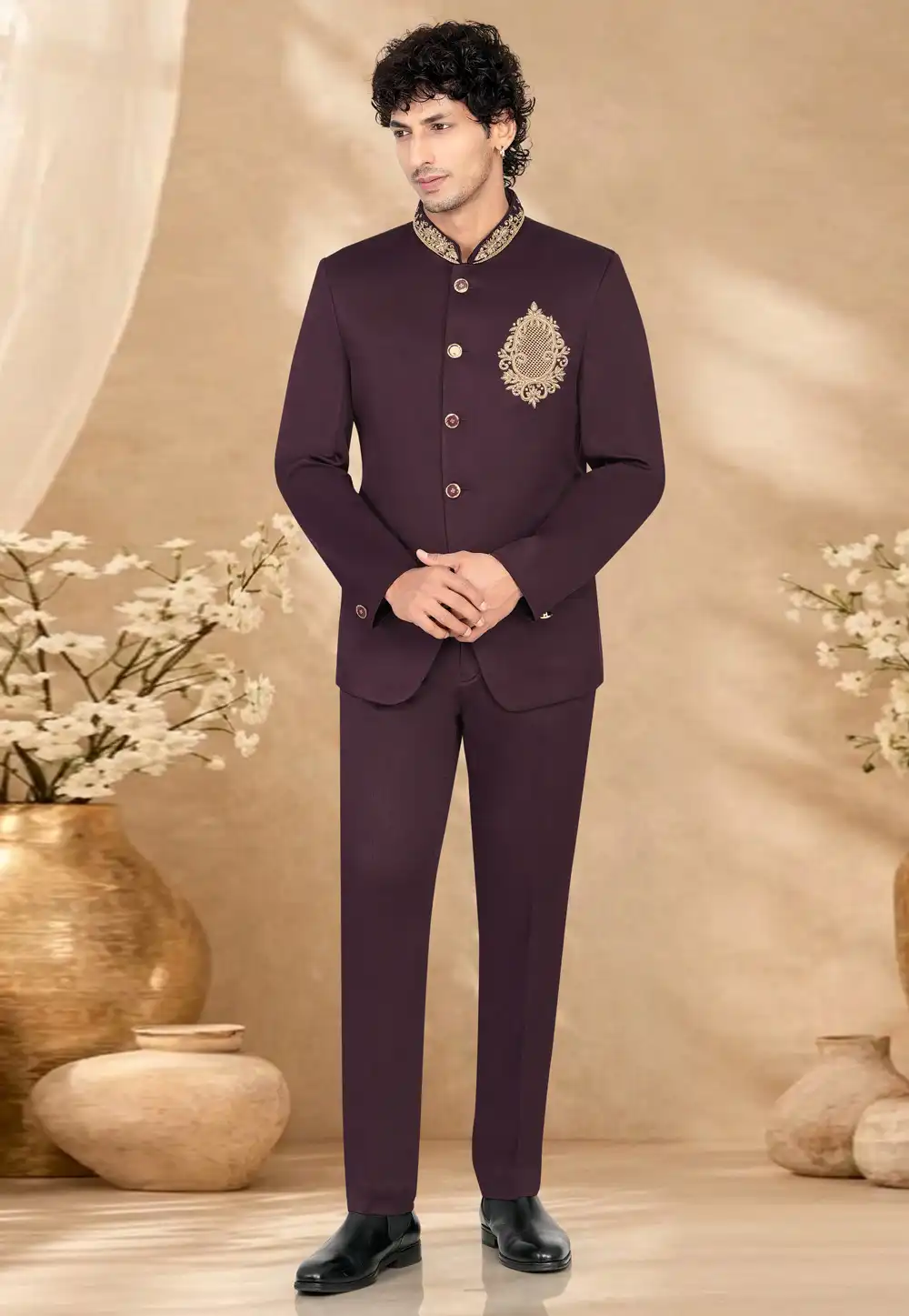Wine Suiting Jodhpuri Suit 328444