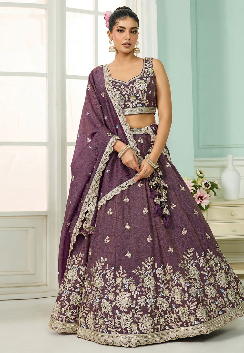 Wine Tissue Circular Lehenga Choli 318089