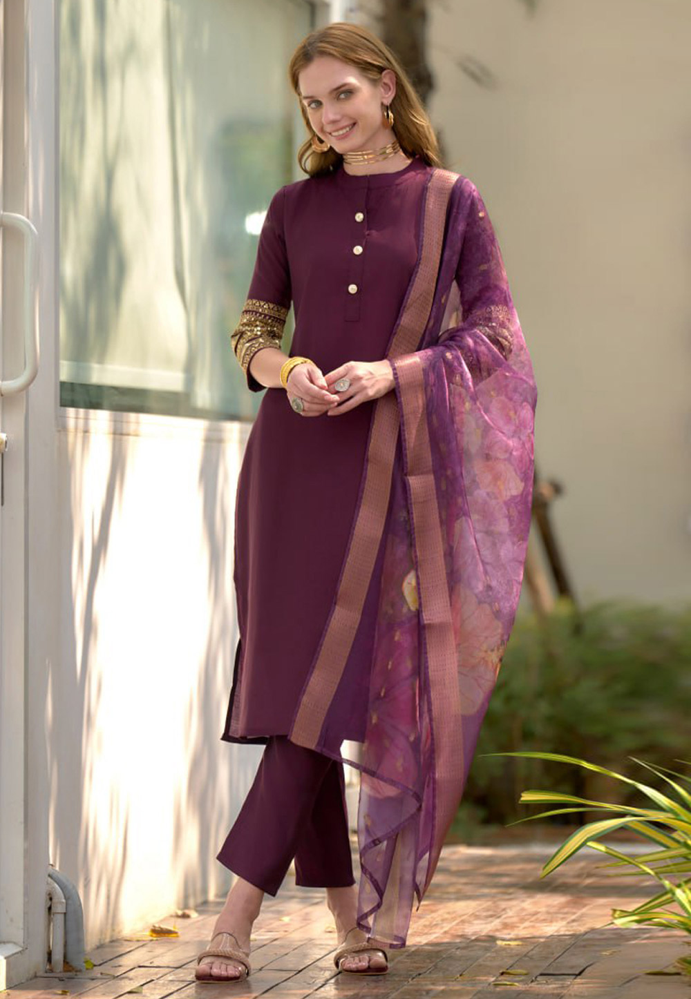 Wine Tissue Readymade Pakistani Suit 311991