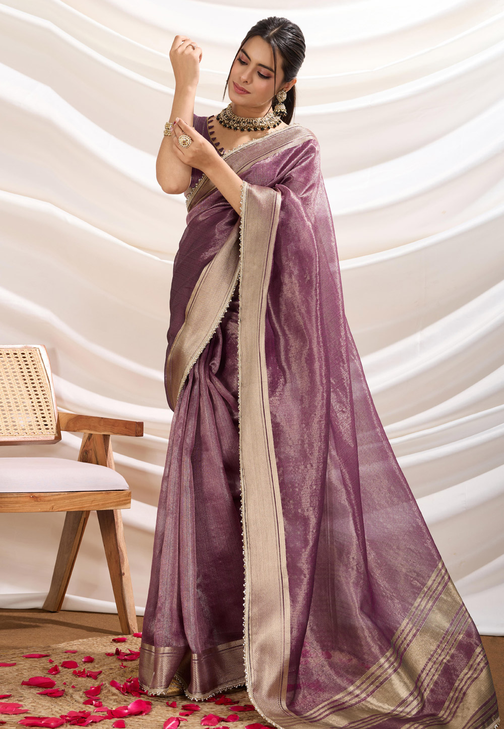 Wine Tissue Saree With Blouse 307252
