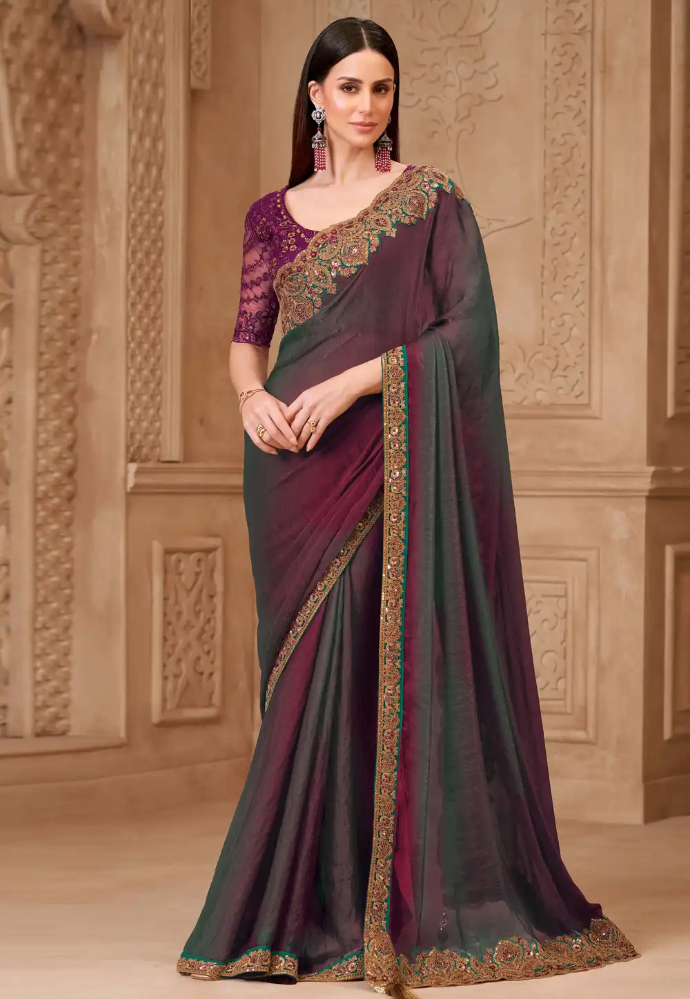 Wine Tussar Silk Saree With Blouse 325696