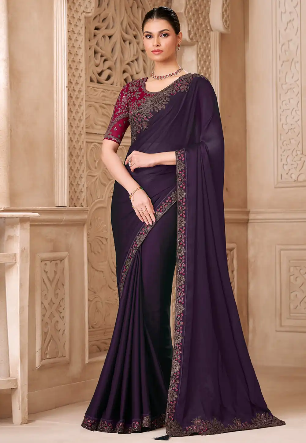 Wine Tussar Silk Saree With Blouse 325704