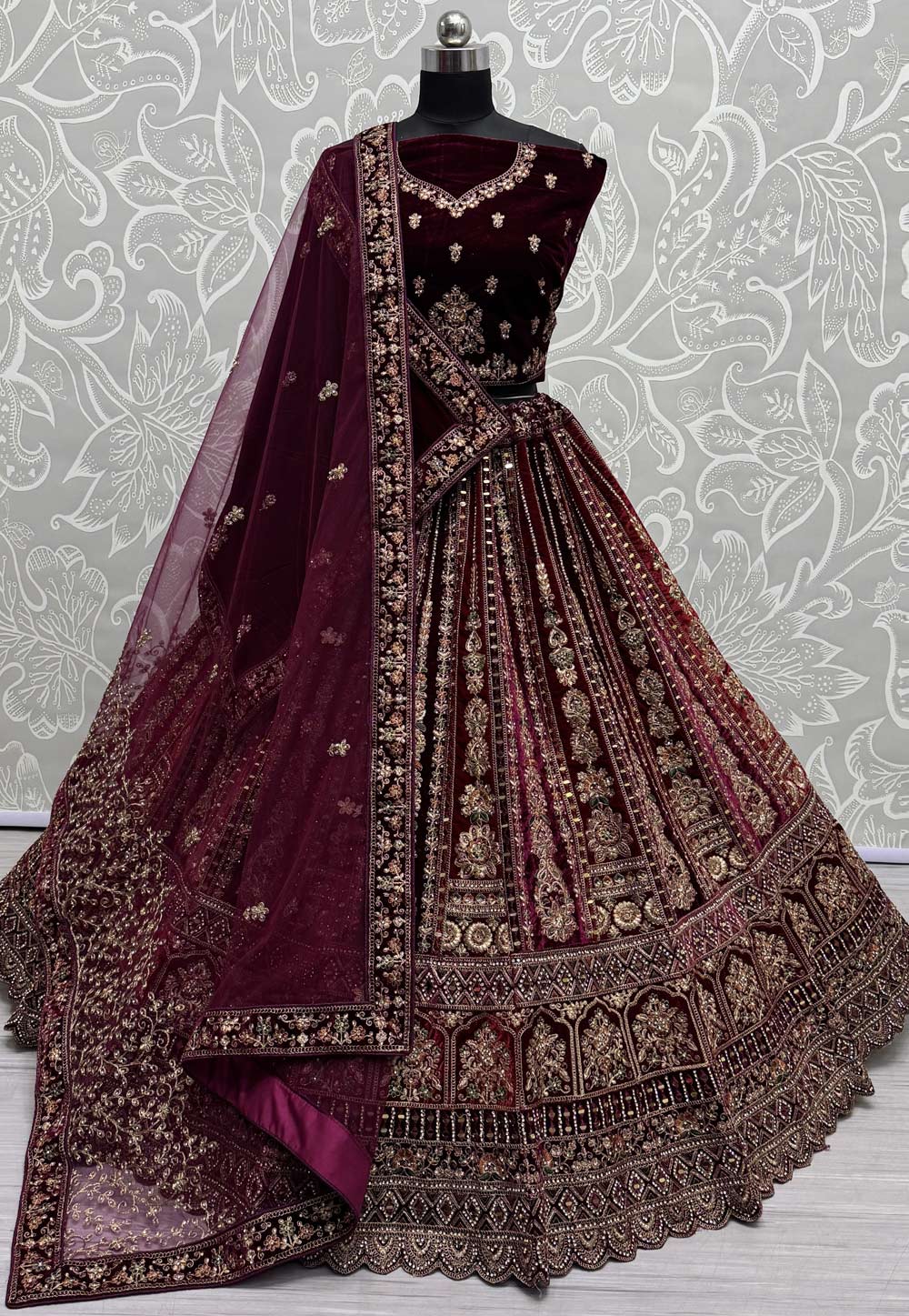 Wine Velvet Bridal Lehenga Choli 307455