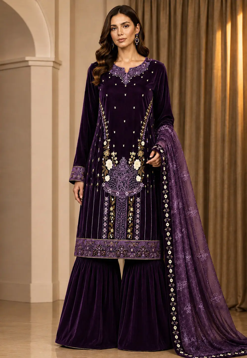 Wine Velvet Gharara Suit 335175