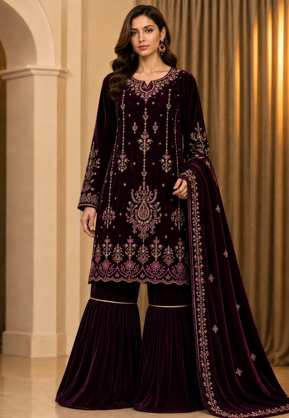 Wine Velvet Gharara Suit 335179