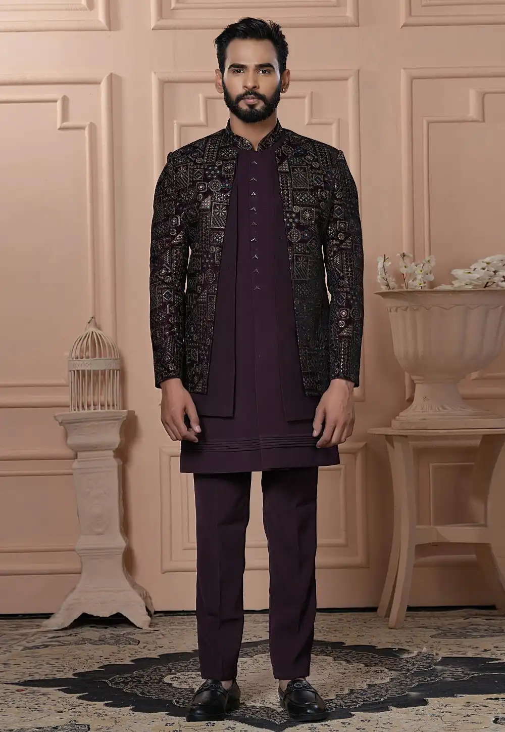 Wine Velvet Jacket Style Sherwani 315066