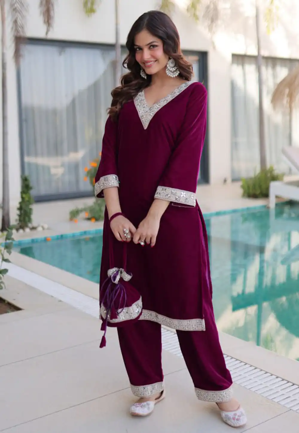 Wine Velvet Kurta Set With Pant 322428