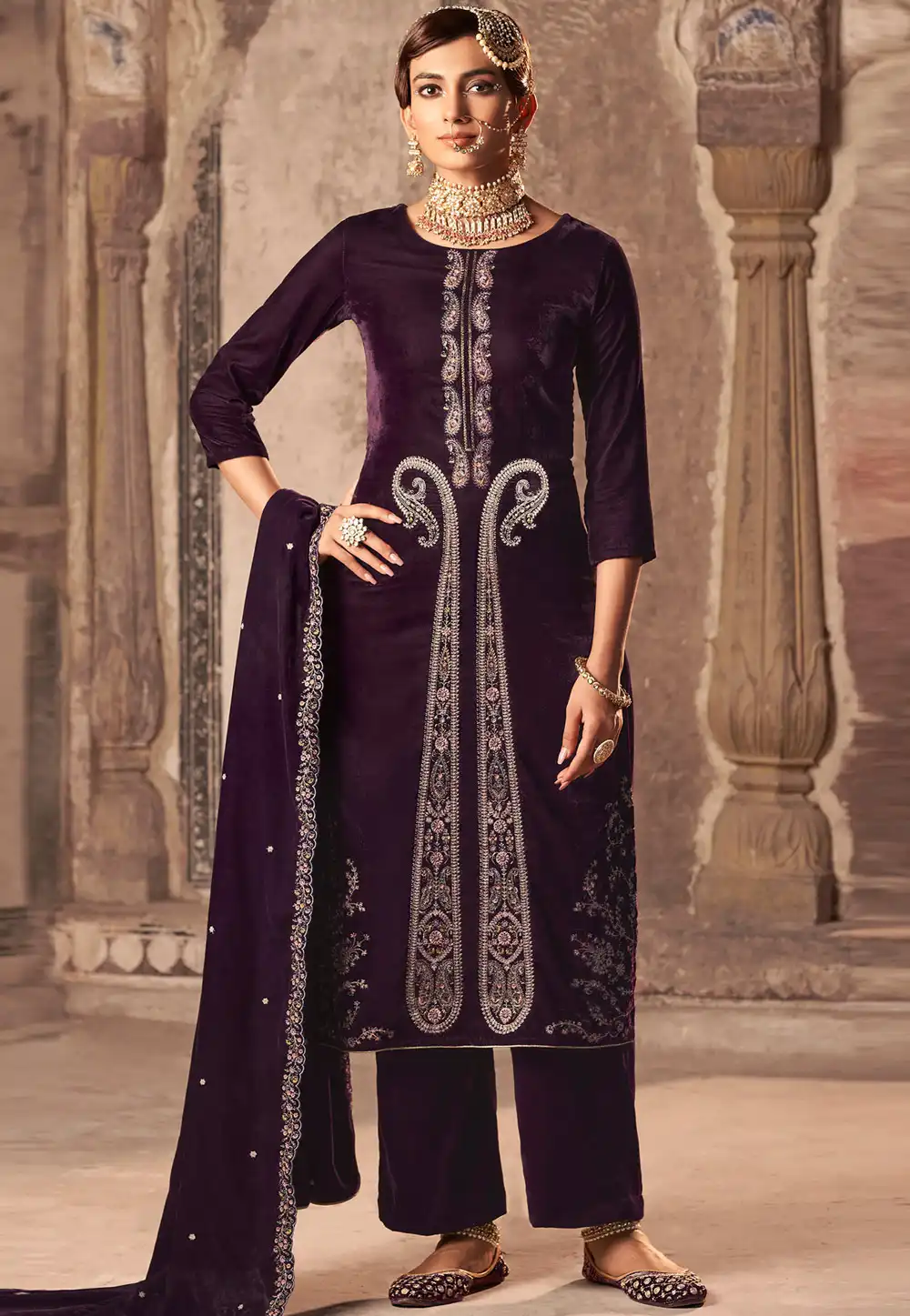 Wine Velvet Pakistani Suit 311103
