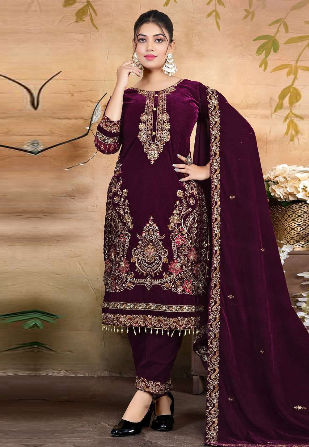 Wine Velvet Pant Style Suit 322251