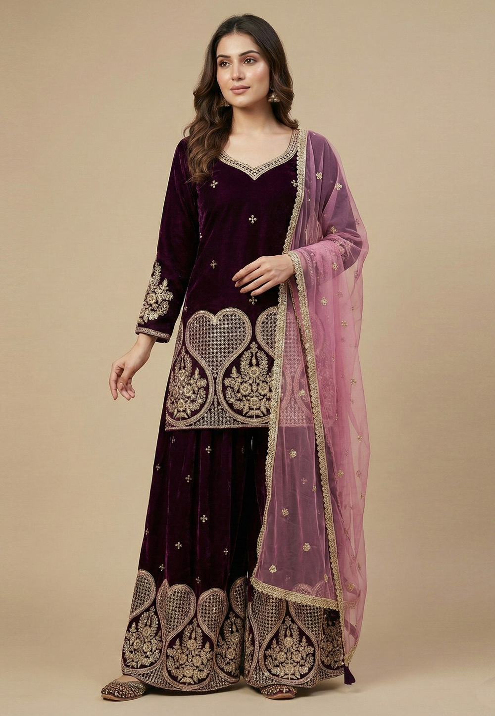 Wine Velvet Readymade Gharara Suit 323301