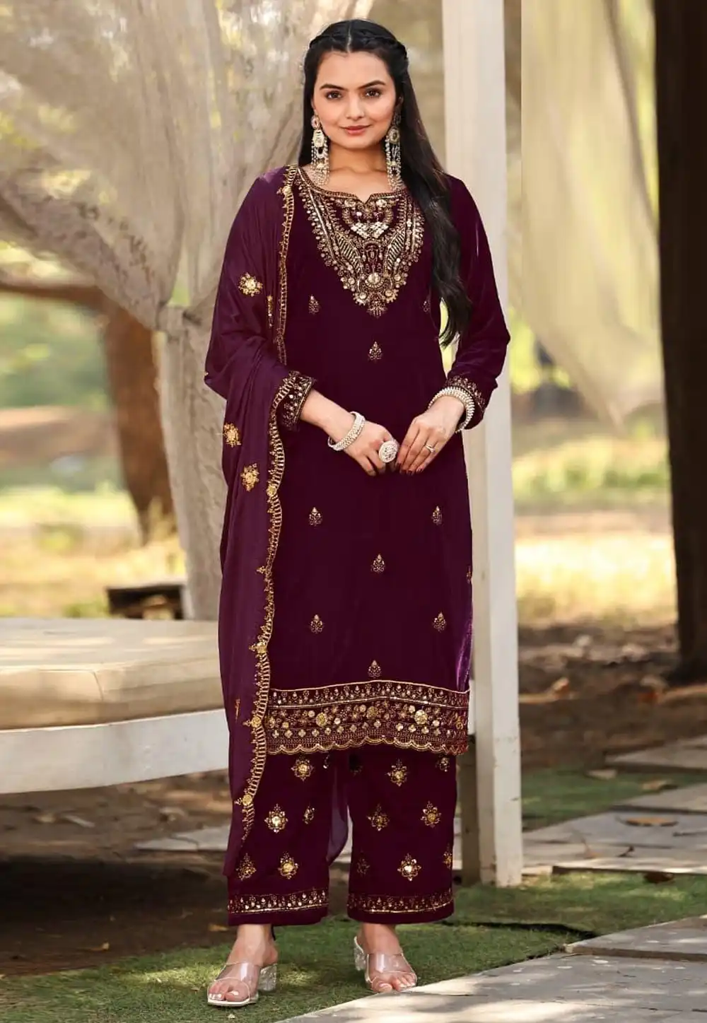 Wine Velvet Readymade Pakistani Suit 317820