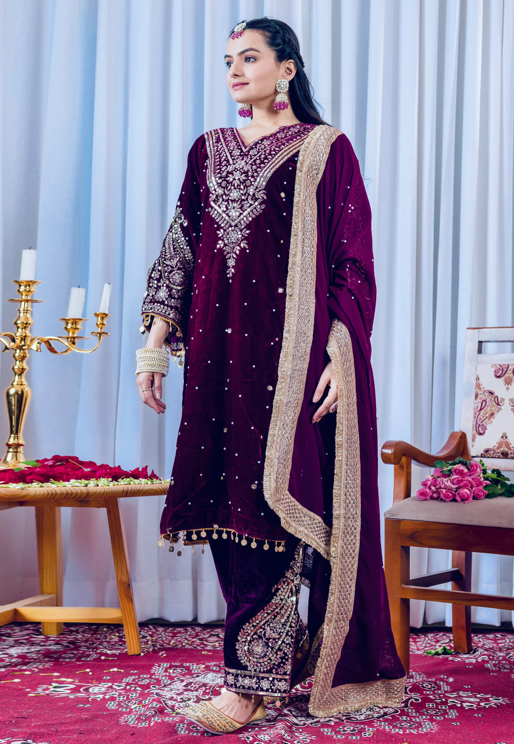 Wine Velvet Readymade Designer Salwar Suit 322234